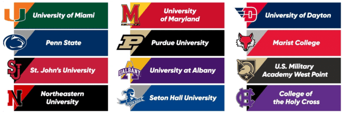 A series of college logos on top of each other.