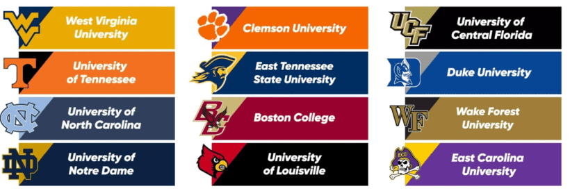 Four college teams are shown with their respective logos.